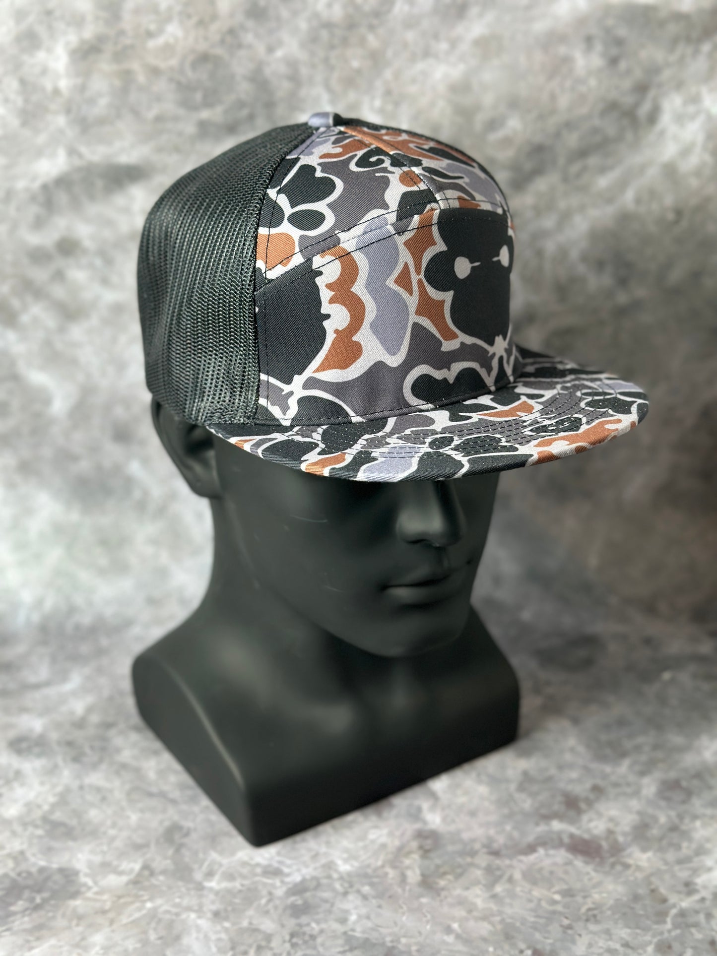 7 Panel Blue Camo Flat Bill Trucker