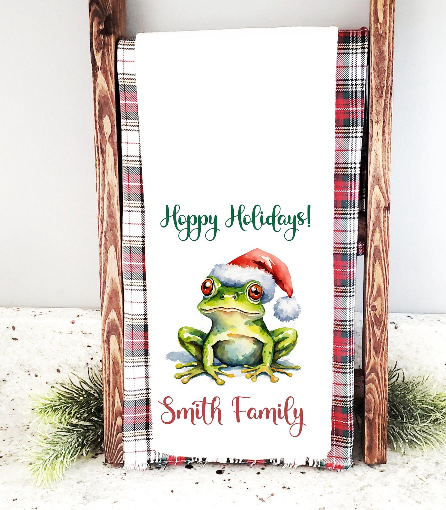 Personalized Christmas Hoppy Holidays Frog Kitchen Towel