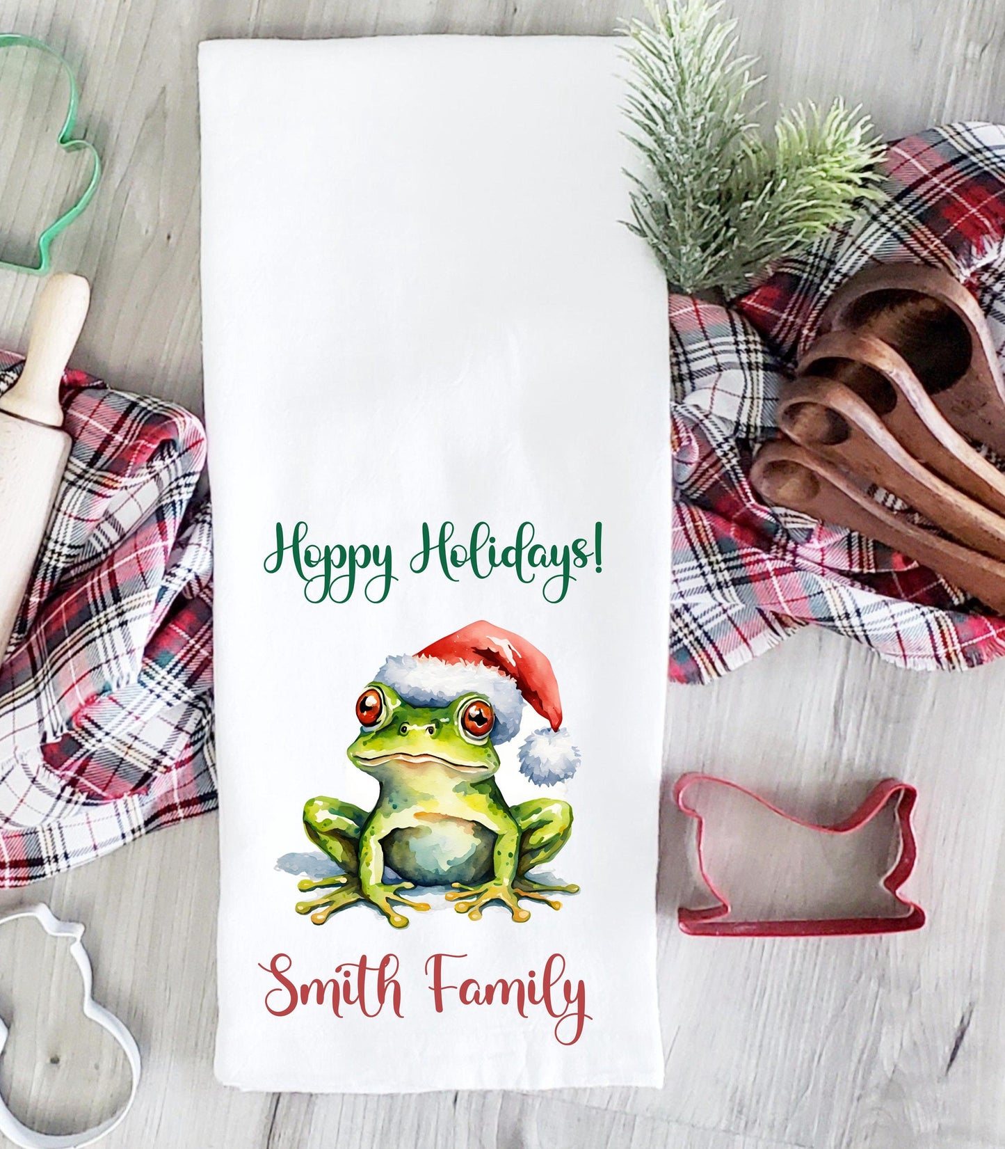 Personalized Christmas Hoppy Holidays Frog Kitchen Towel