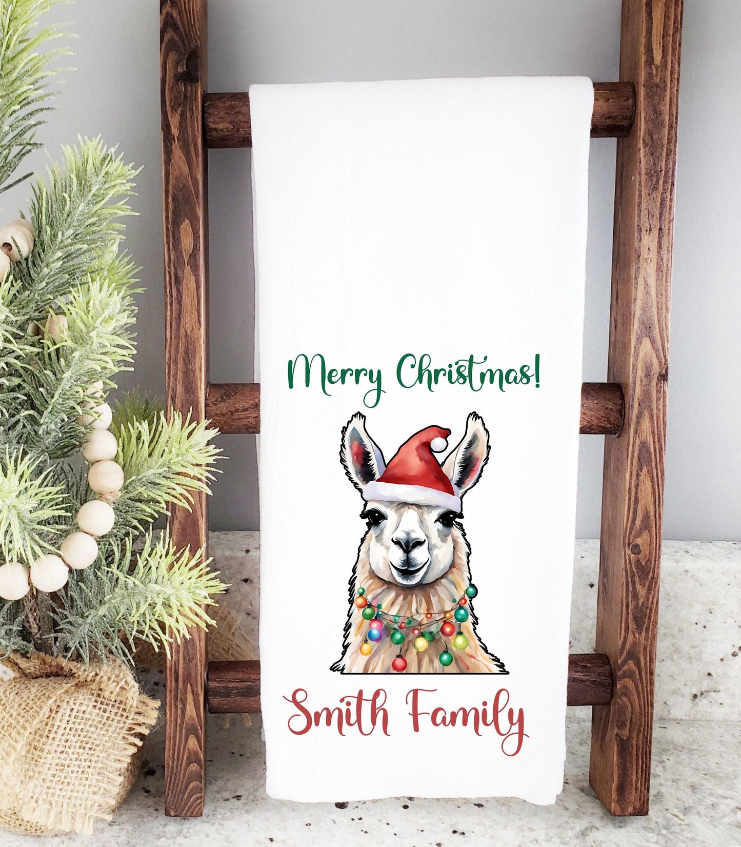 Personalized Christmas Llama Kitchen Towel