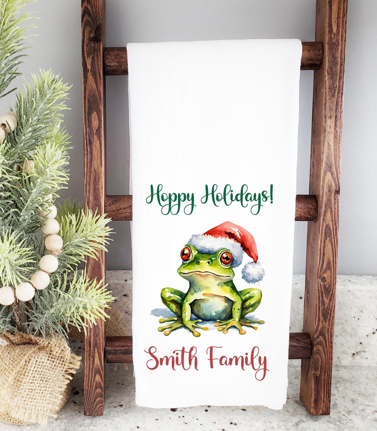 Personalized Christmas Hoppy Holidays Frog Kitchen Towel